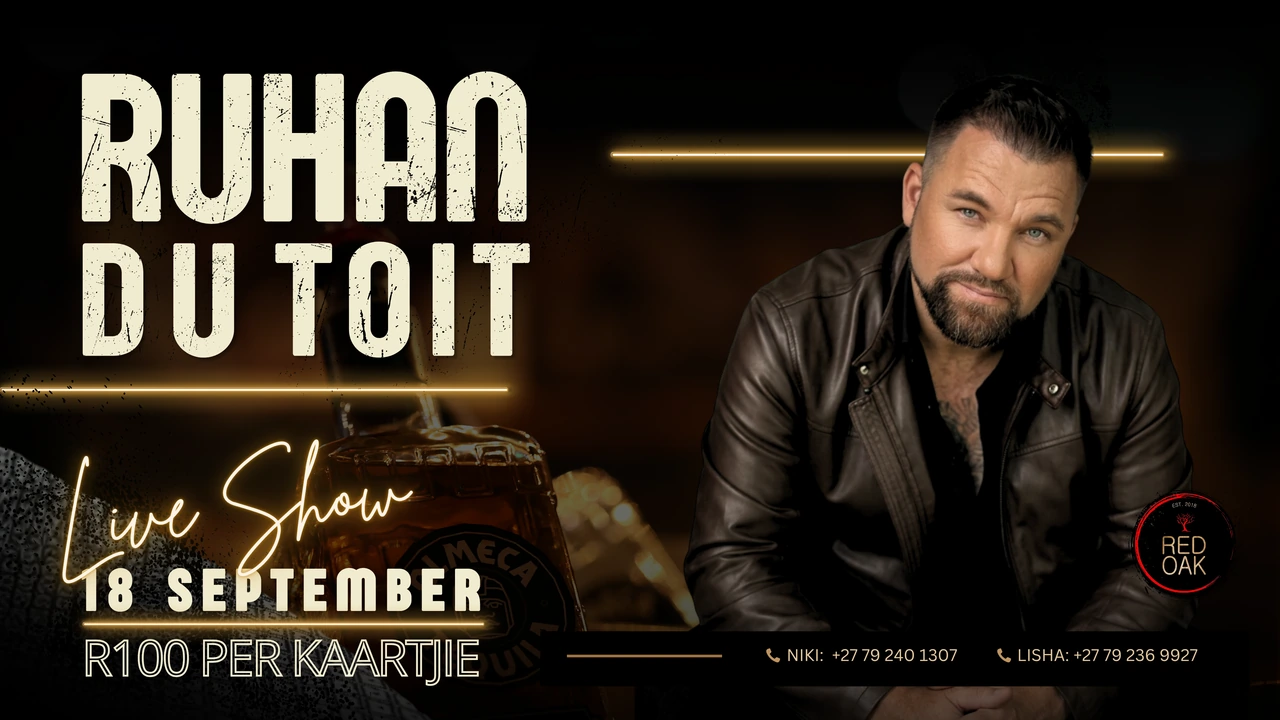 Red Oak live show poster — Ruhan du Toit, 18 September, R100 per kaartjie.
